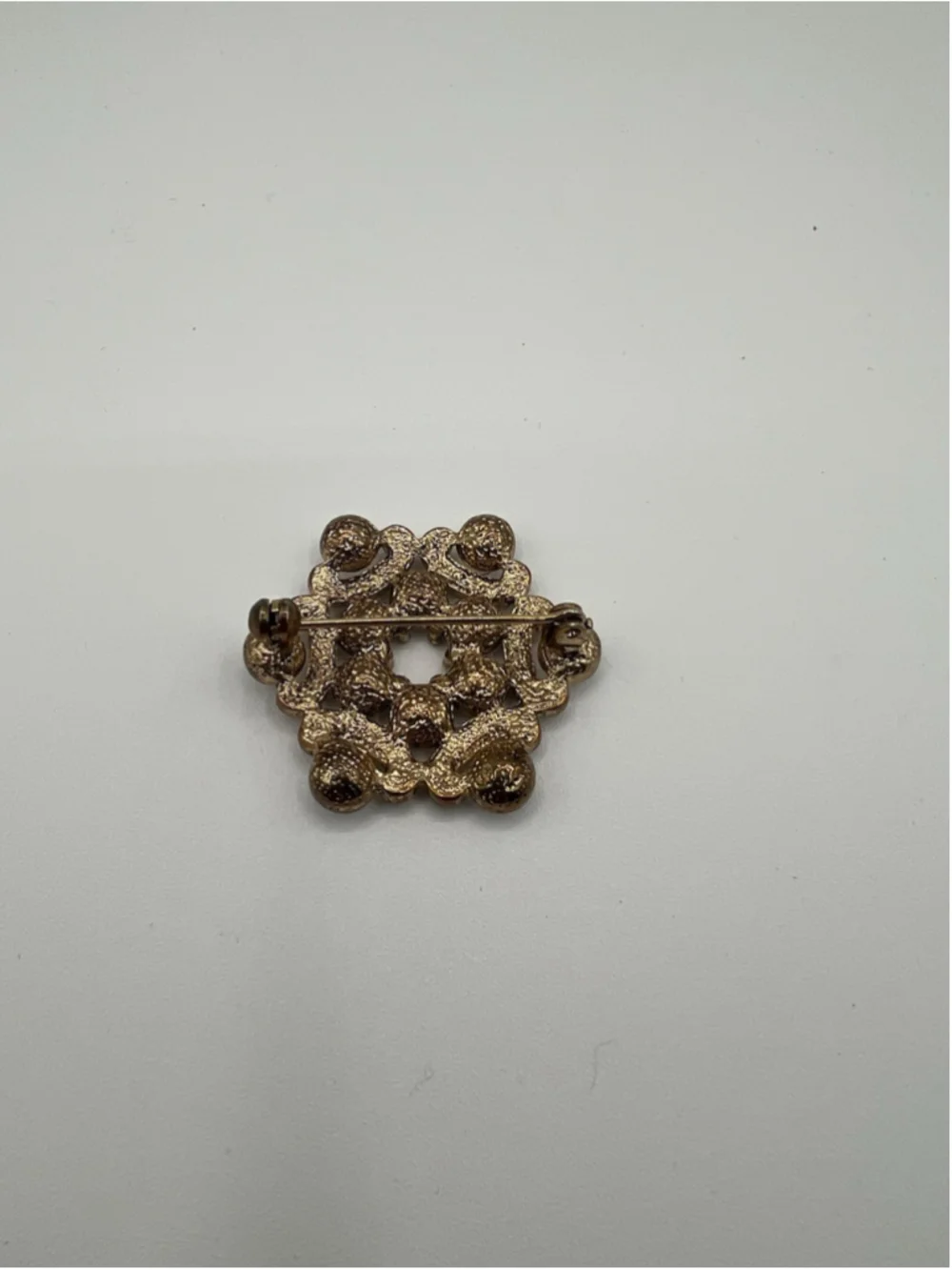 Vintage Brooch Gold Tone Hexagonal Floral Rhinestone Pin